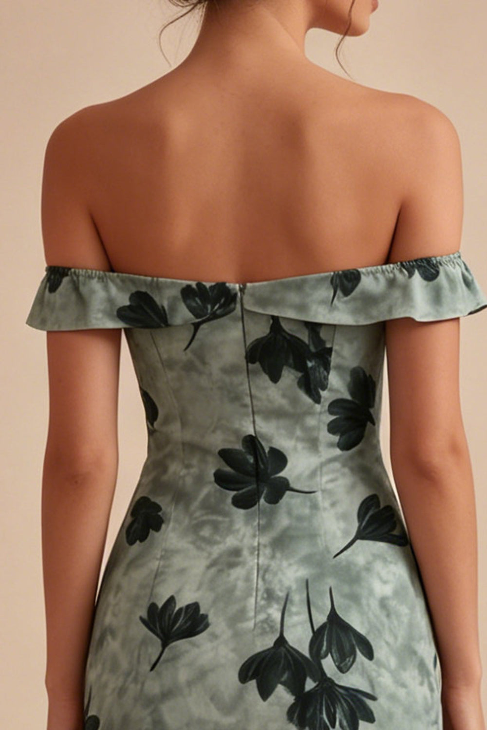 Floral Green Tight Short Off the Shoulder Graduation Dress