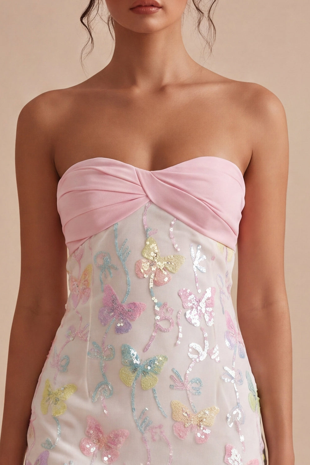 Sparkly Pink and White Tight Floral Short Strapless Beaded Graduation Dress