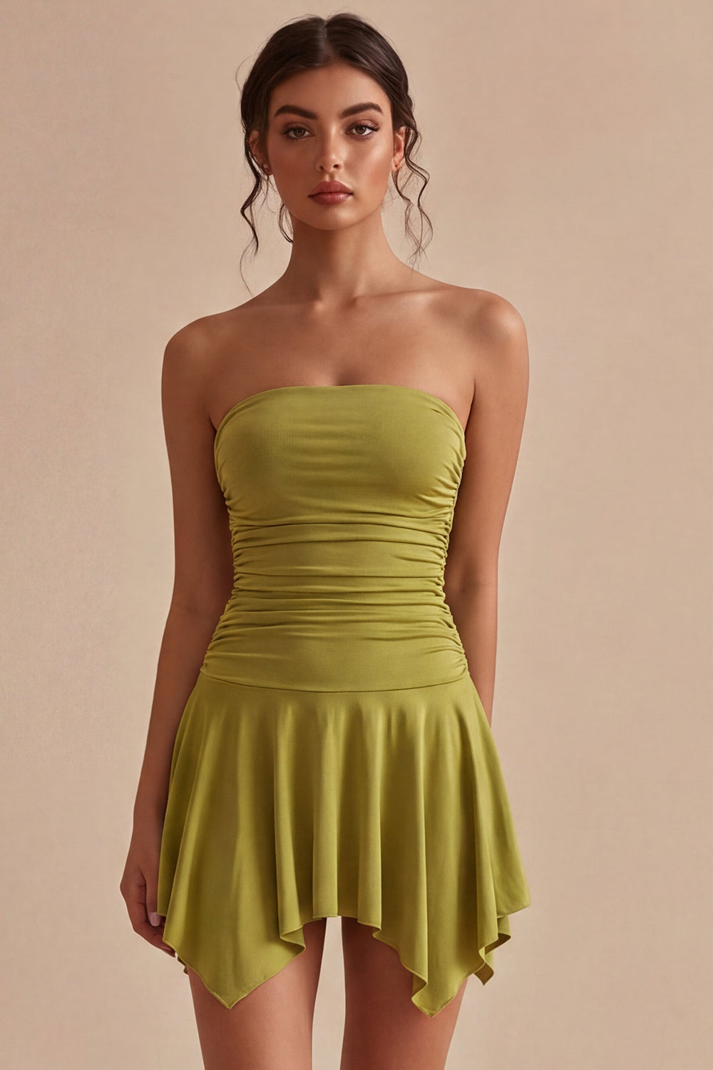 Strapless Olive Asymmetrical Ruched A Line Graduation Dress
