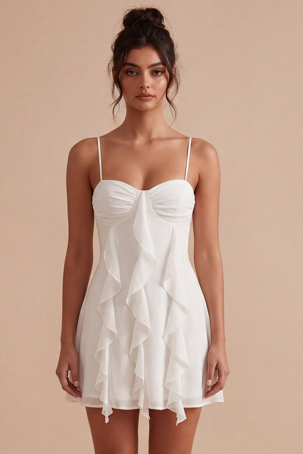 White A Line Spaghetti Straps Short Graduation Dress with Ruffles