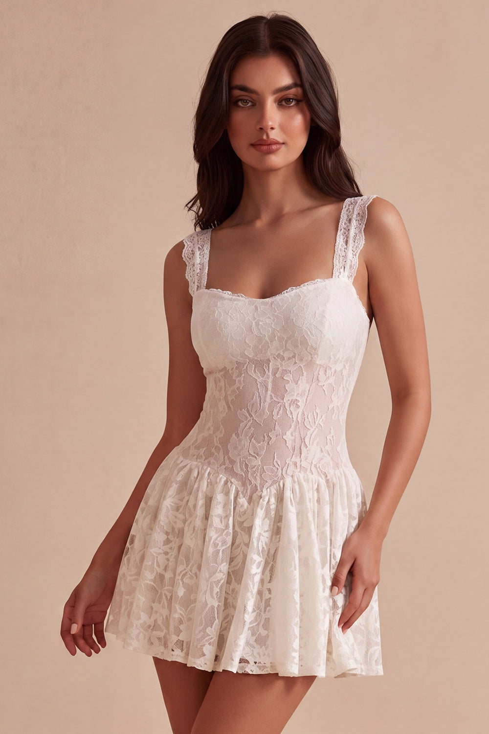 Thick Straps Floral White Lace Short A Line Graduation Dress