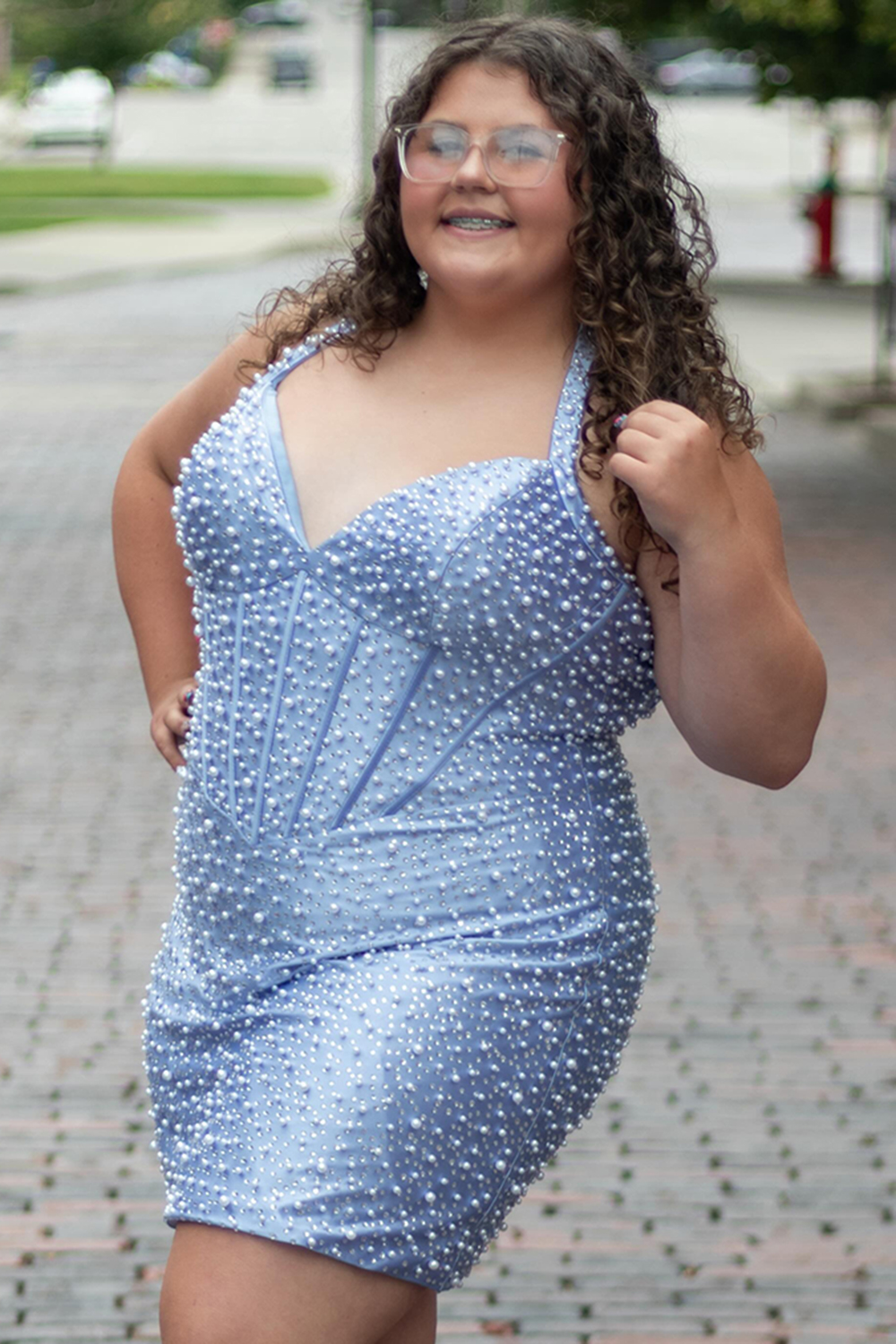 Sparkly Yellow Halter Tight Short Corset Homecoming Dress with Pearls