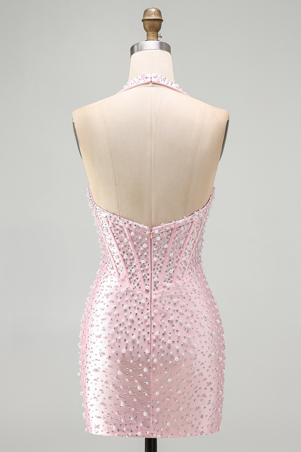 Sparkly Yellow Halter Tight Short Corset Homecoming Dress with Pearls