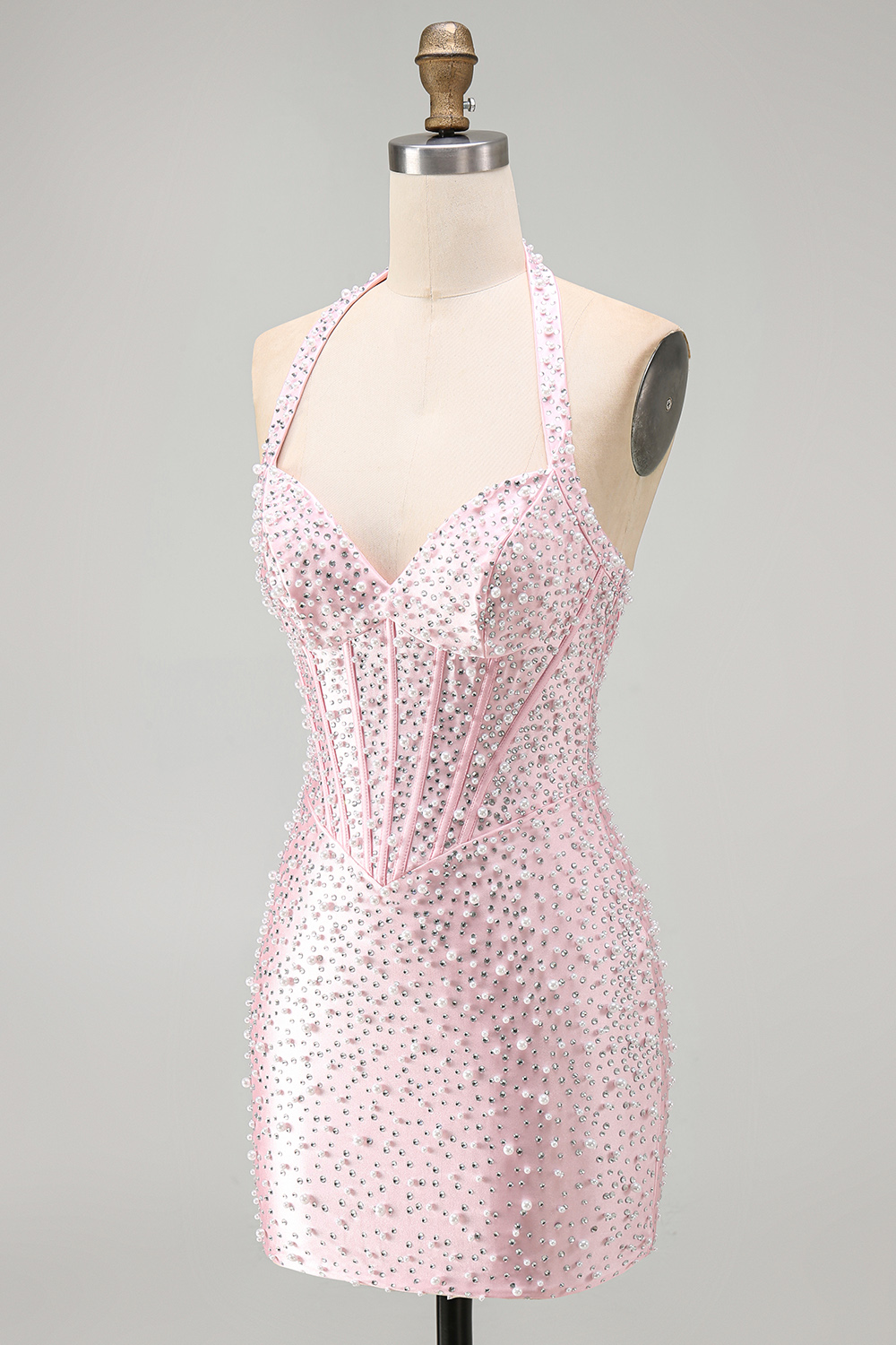 Sparkly Yellow Halter Tight Short Corset Homecoming Dress with Pearls