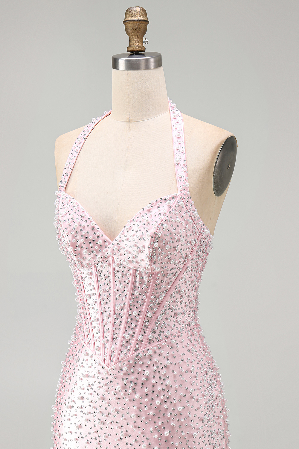 Sparkly Yellow Halter Tight Short Corset Homecoming Dress with Pearls