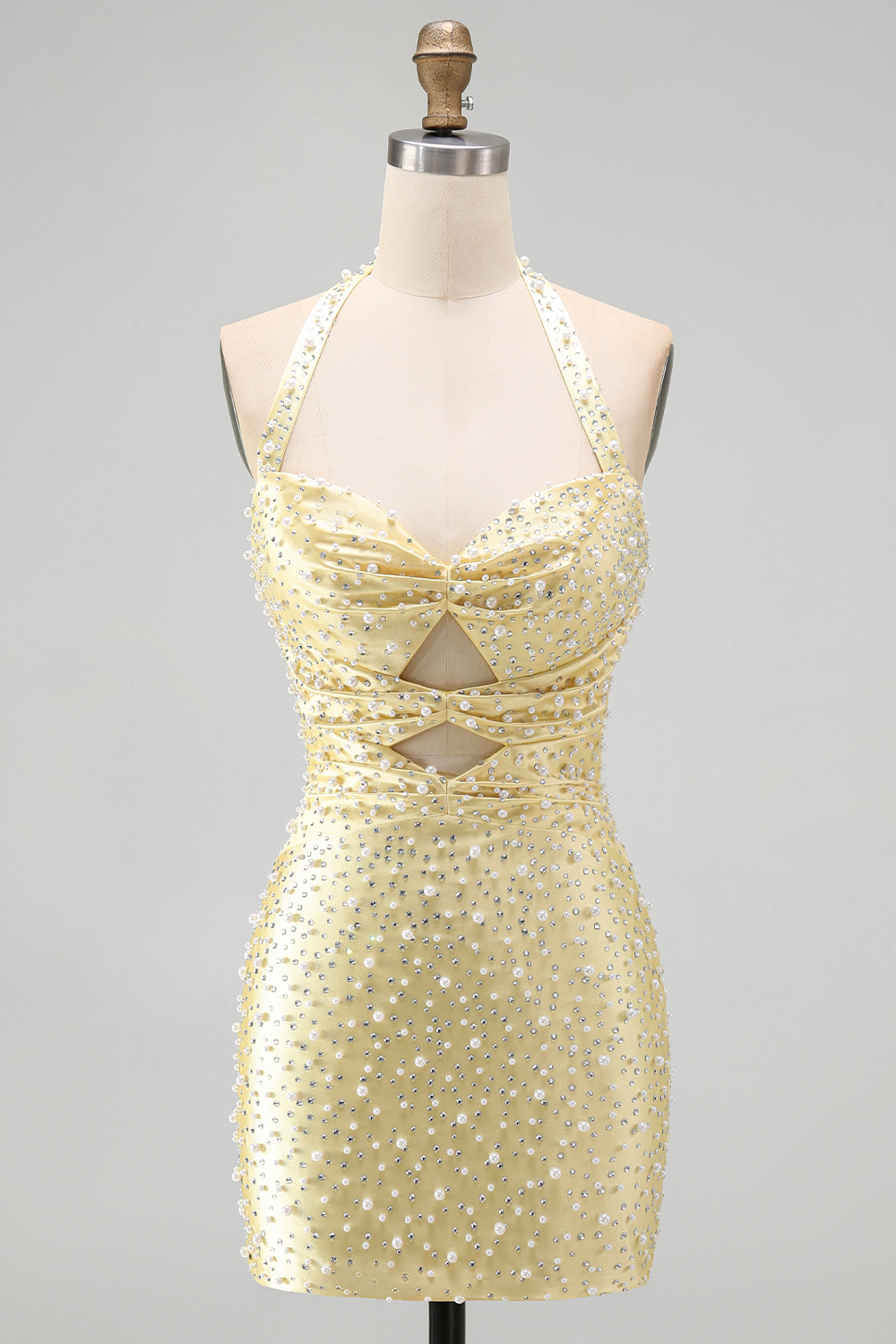 Sparkly Yellow Halter Tight Short Keyhole Homecoming Dress with Pearls
