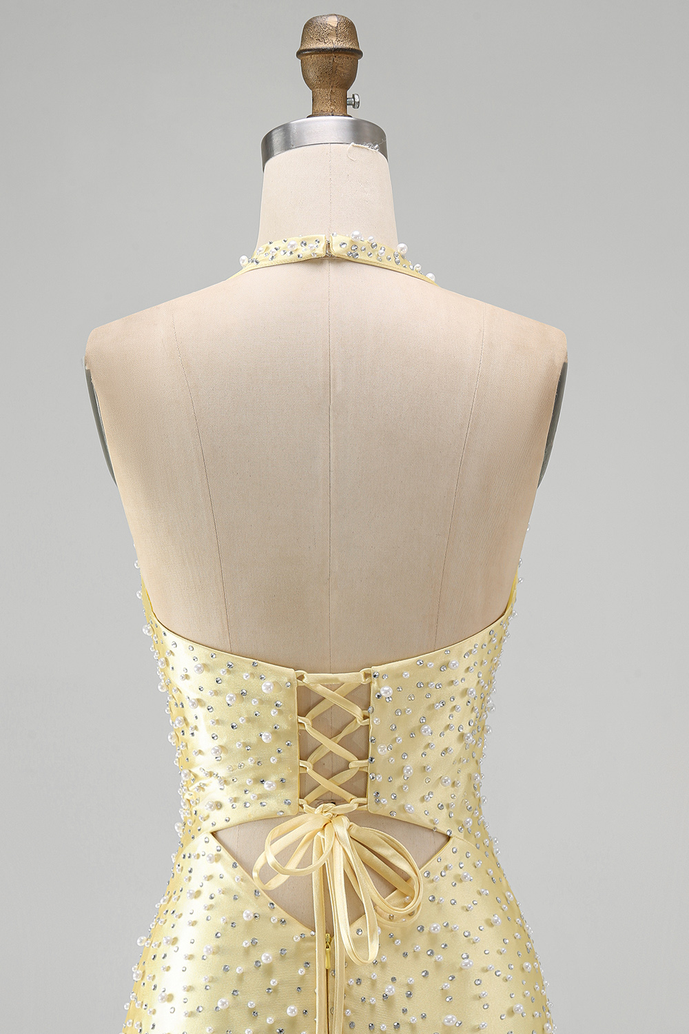 Sparkly Yellow Halter Tight Short Keyhole Homecoming Dress with Pearls