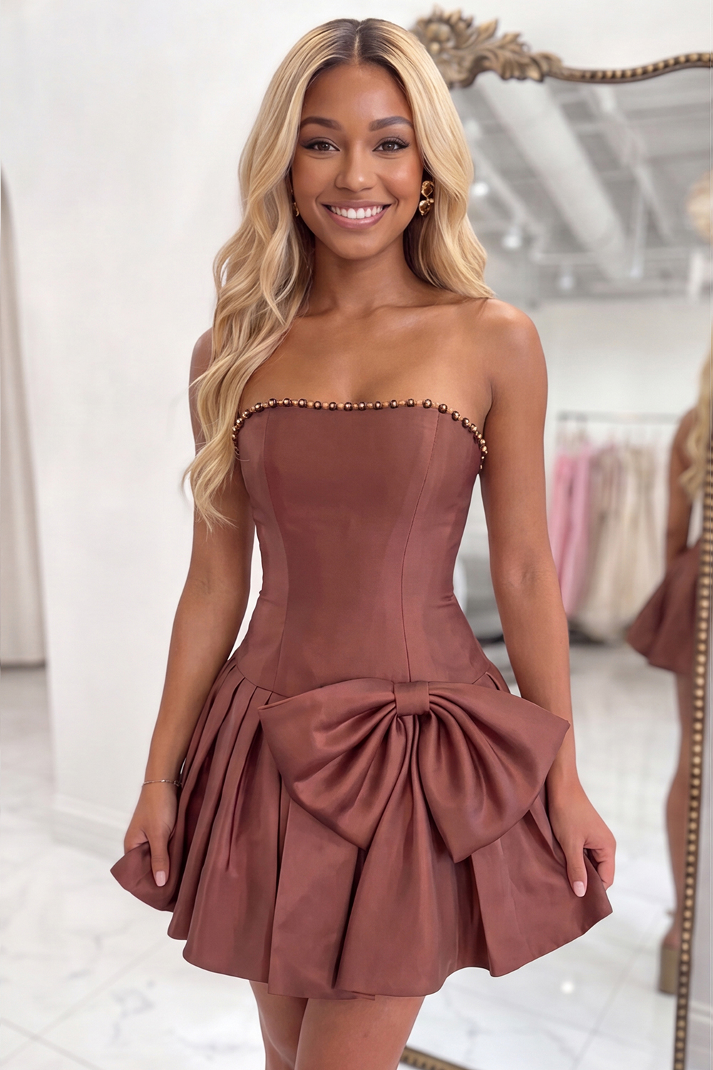 Sparkly Yellow Short A Line Strapless Homecoming Dress with Pearls