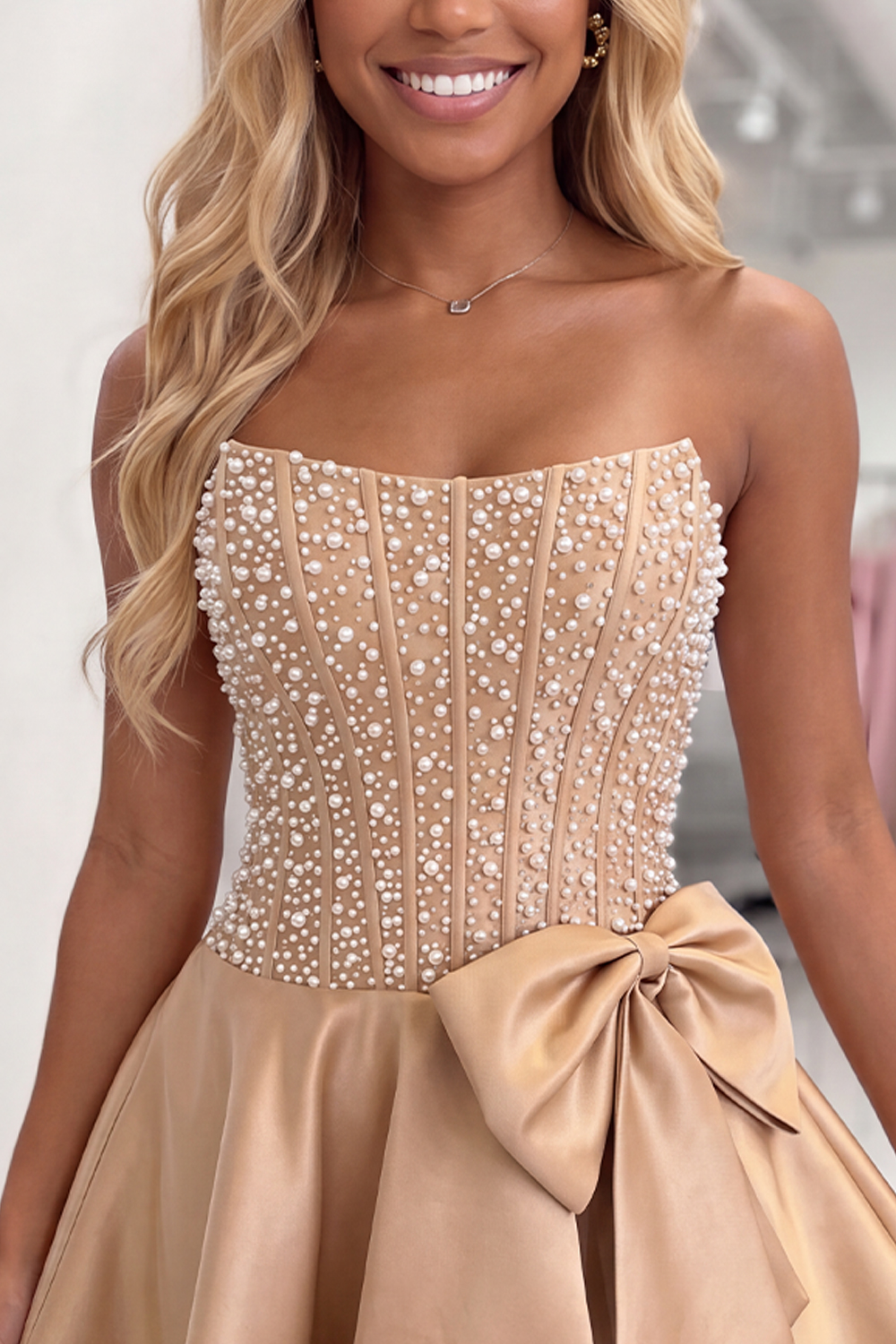 Corset A Line Sparkly Yellow Short Strapless Homecoming Dress with Pearls