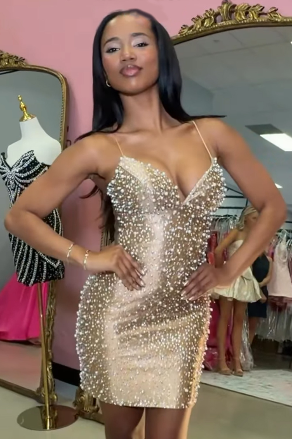 Sparkly Yellow Tight Short V-Neck Homecoming Dress with Pearls