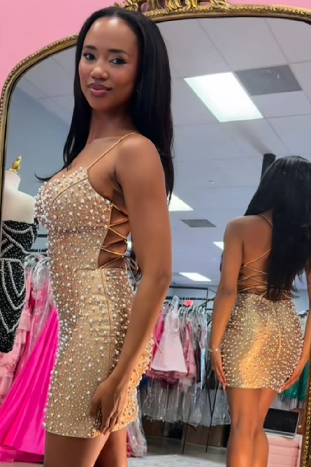Sparkly Yellow Tight Short V-Neck Homecoming Dress with Pearls