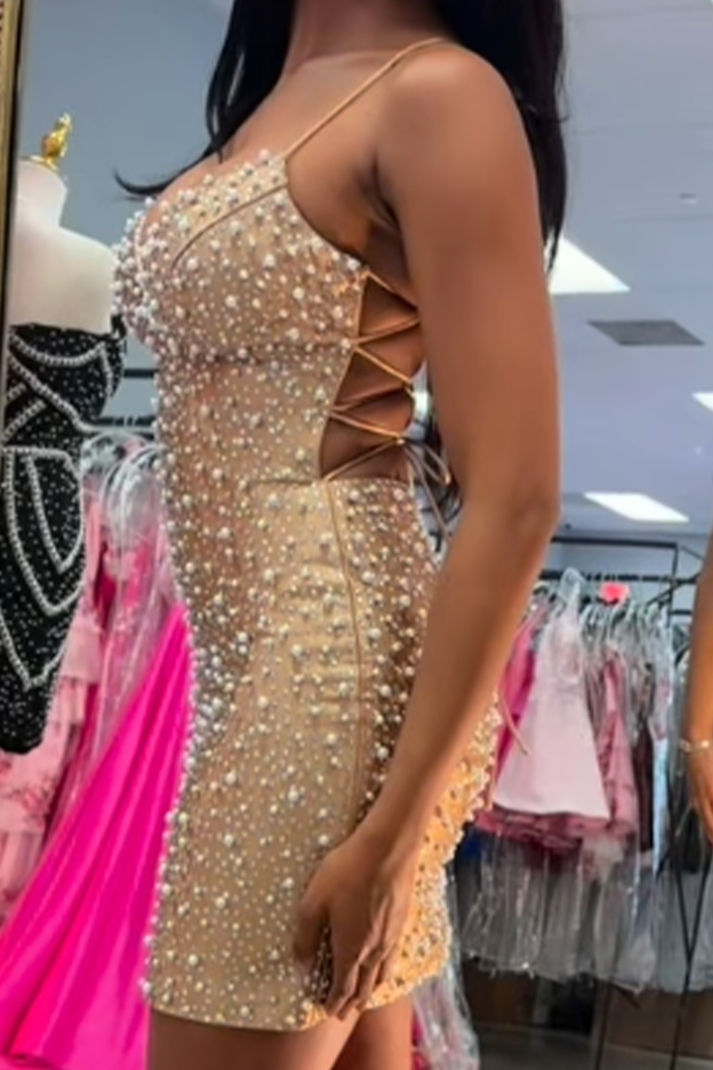Sparkly Yellow Tight Short V-Neck Homecoming Dress with Pearls