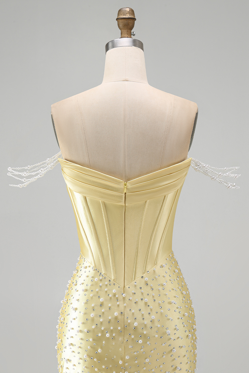 Sparkly Yellow Tight Short Corset Off the Shoulder Homecoming Dress with Pearls