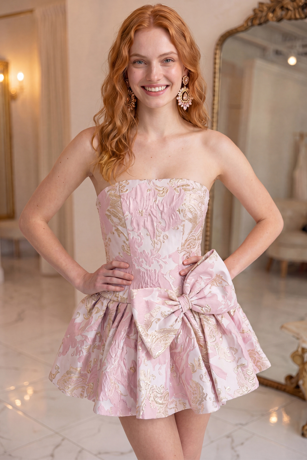 Mint Floral Short A Line Strapless Homecoming Dress with Bow