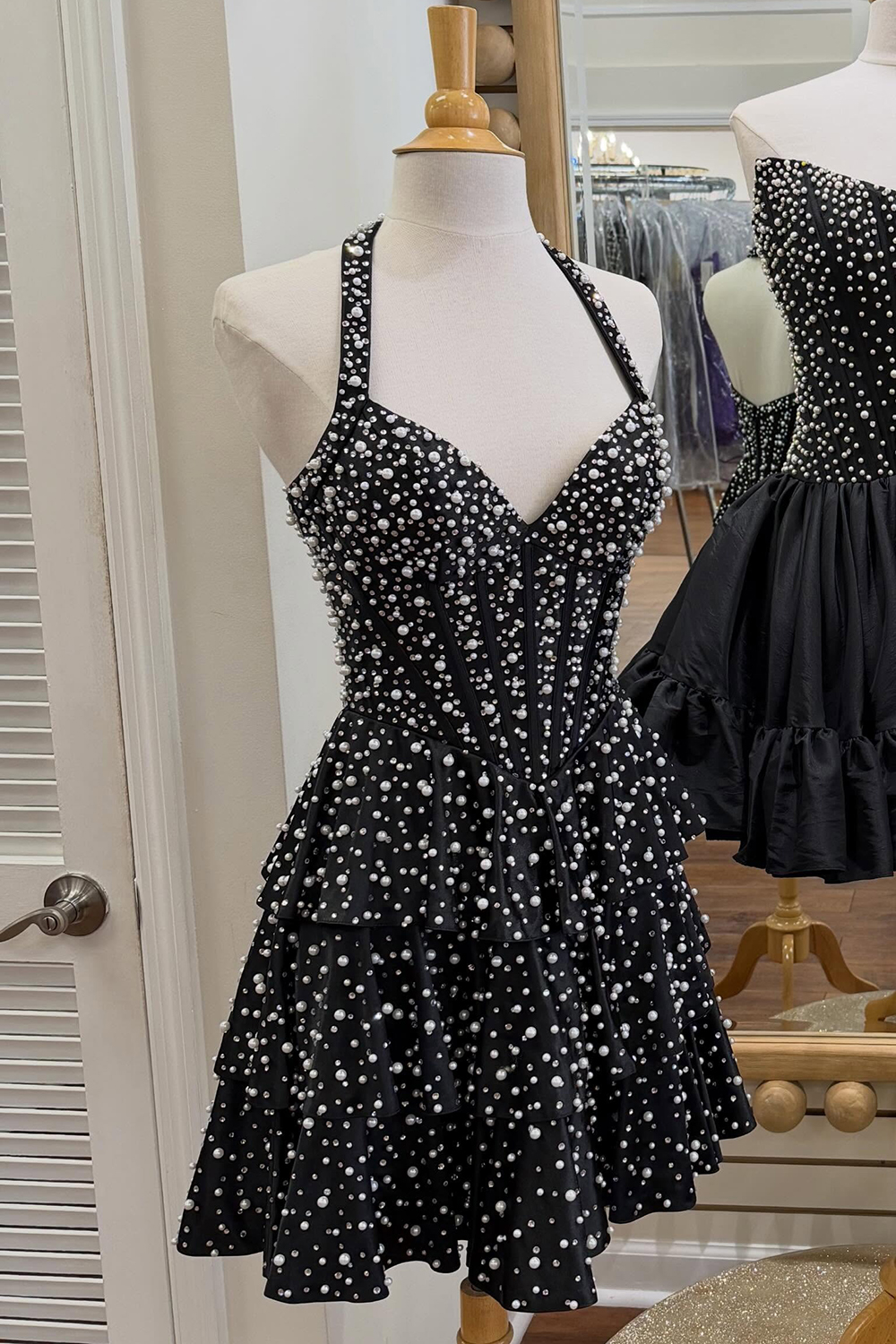 Corset A Line Sparkly Yellow Ruffled Halter Strapless Homecoming Dress with Pearls
