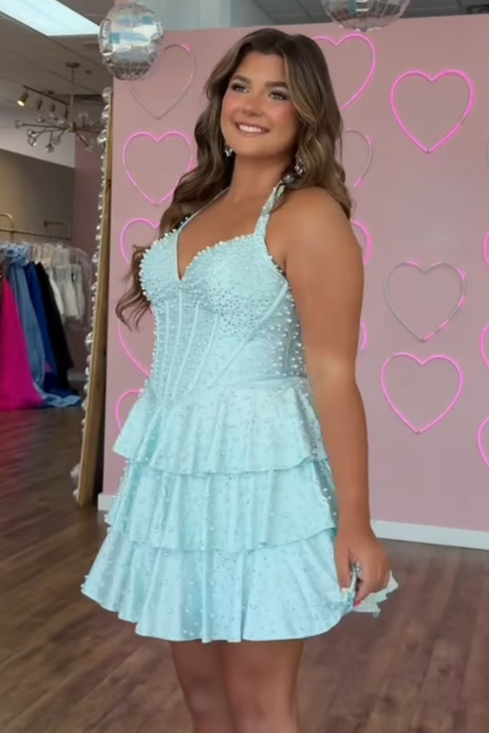 Corset A Line Sparkly Yellow Ruffled Halter Strapless Homecoming Dress with Pearls