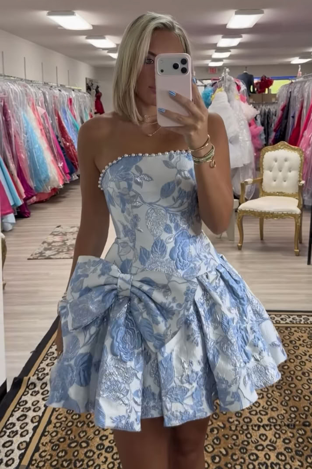 Floral Blue A Line Strapless Short Homecoming Dress with Pearls