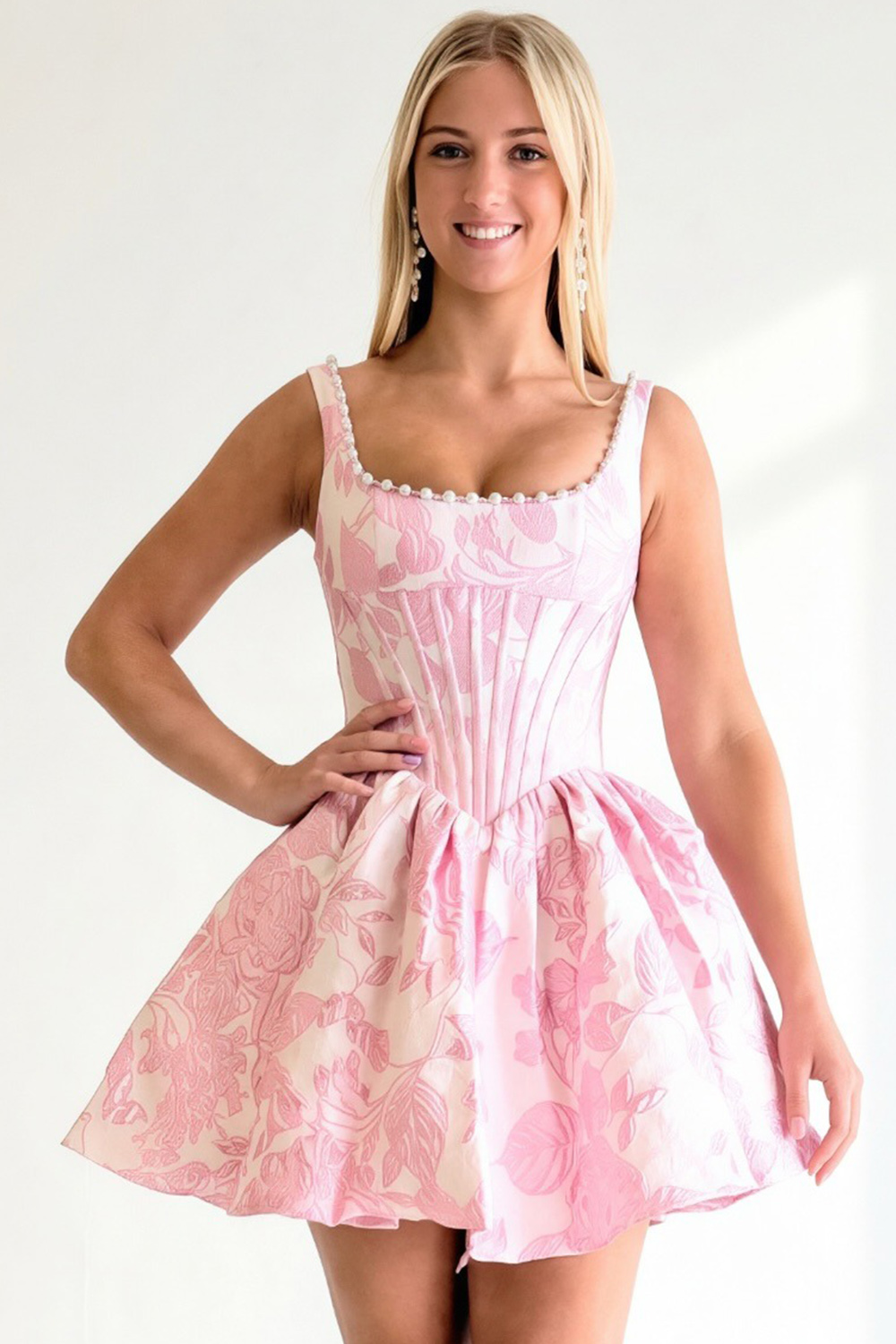 Floral A Line Pink Corset Thick Straps Short Homecoming Dress with Pearls