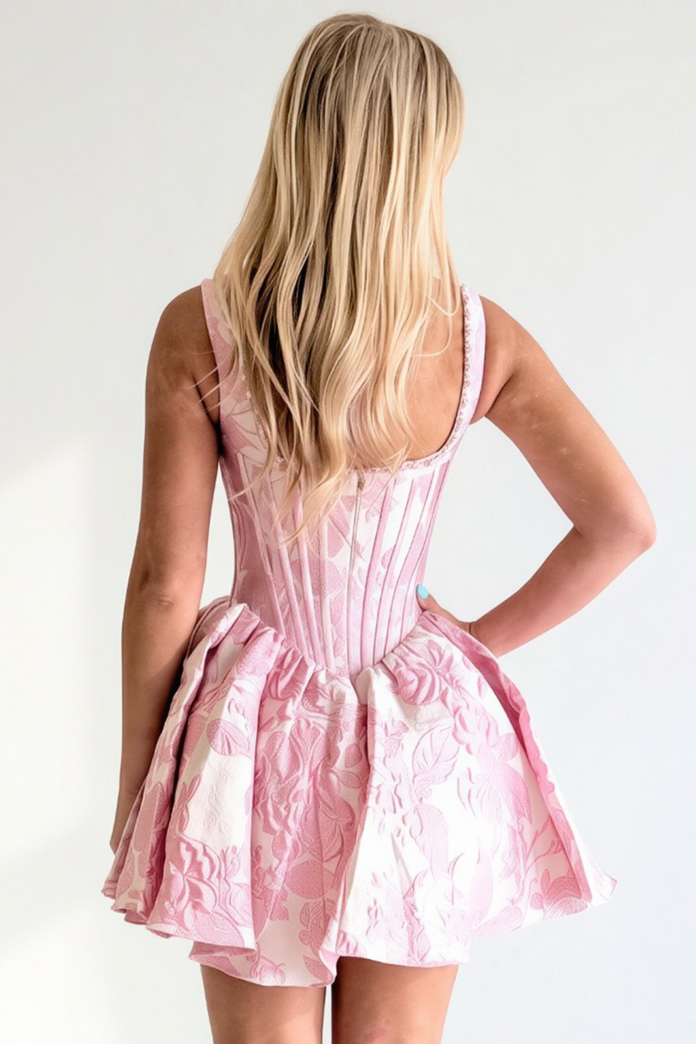 Floral A Line Pink Corset Thick Straps Short Homecoming Dress with Pearls
