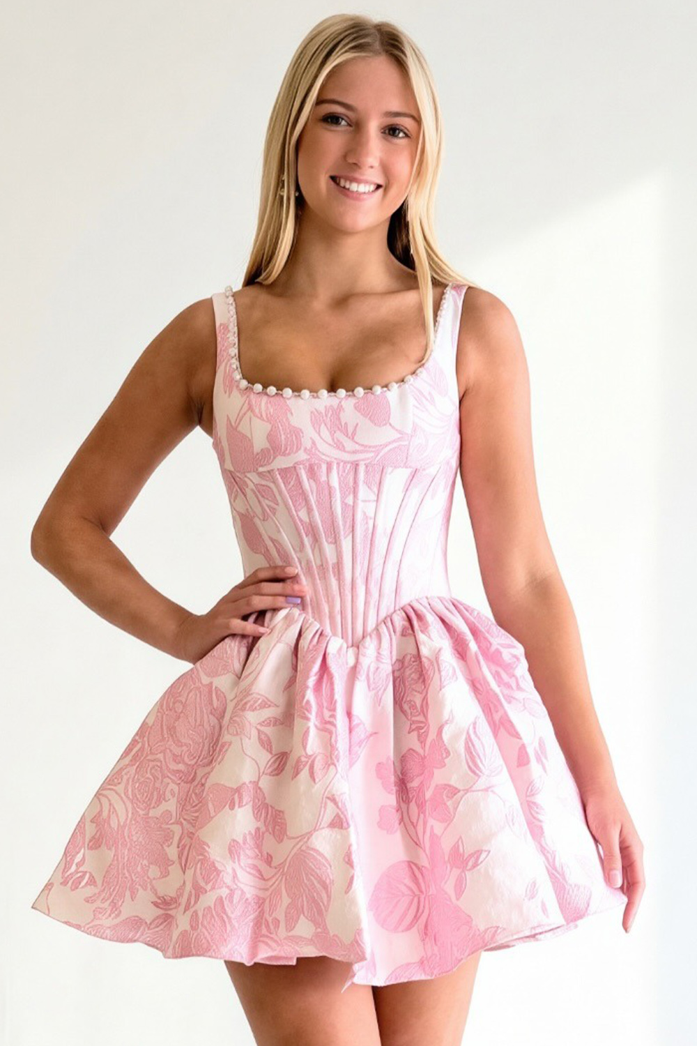 Floral A Line Pink Corset Thick Straps Short Homecoming Dress with Pearls