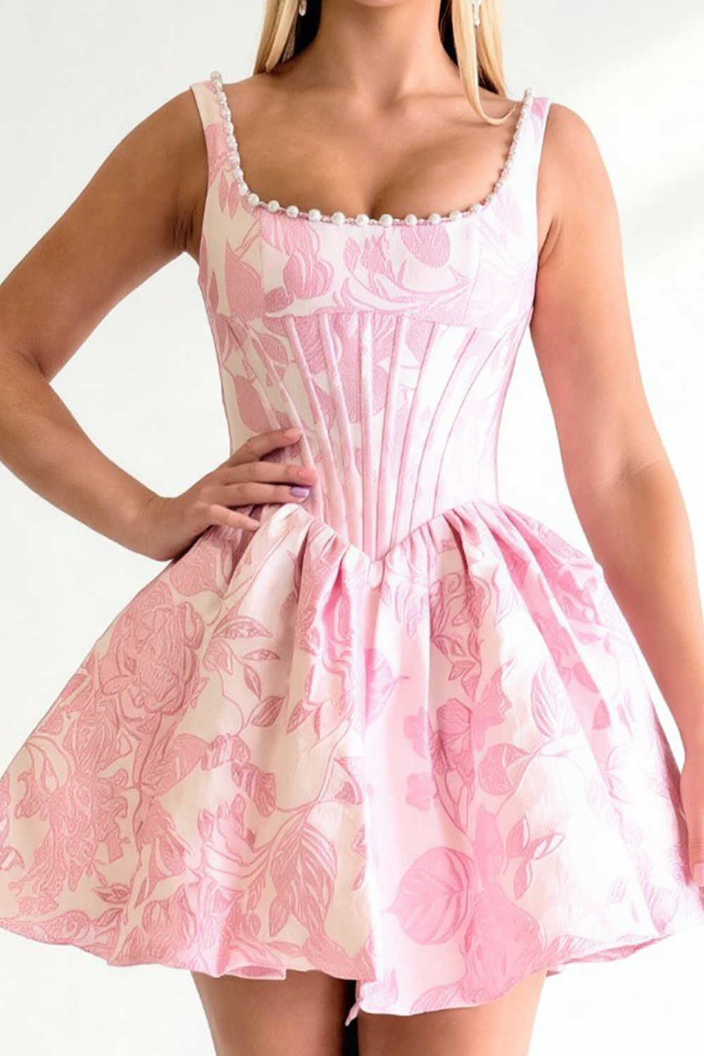 Floral A Line Pink Corset Thick Straps Short Homecoming Dress with Pearls