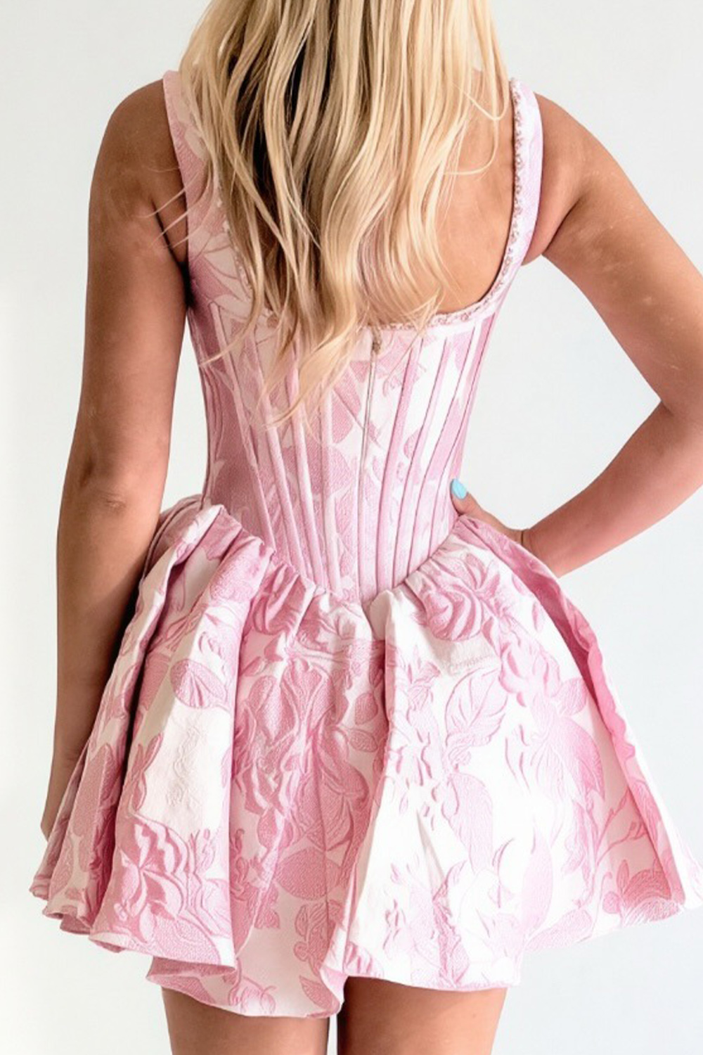 Floral A Line Pink Corset Thick Straps Short Homecoming Dress with Pearls