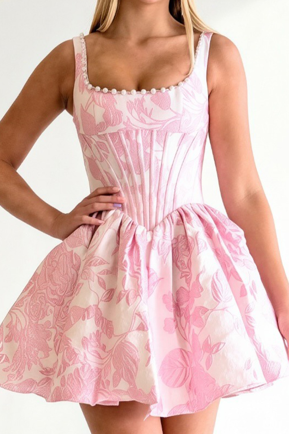 Floral A Line Pink Corset Thick Straps Short Homecoming Dress with Pearls