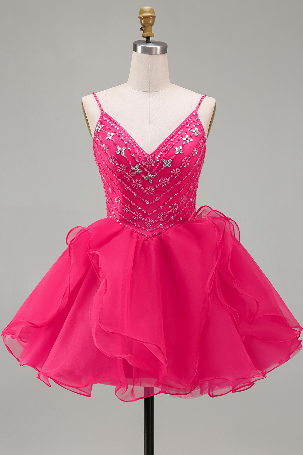 Sparkly Hot Pink Short A Line V-Neck Beaded Homecoming Dress with Ruffles