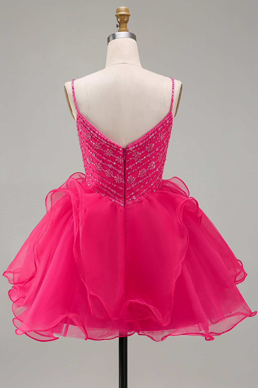 Sparkly Hot Pink Short A Line V-Neck Beaded Homecoming Dress with Ruffles