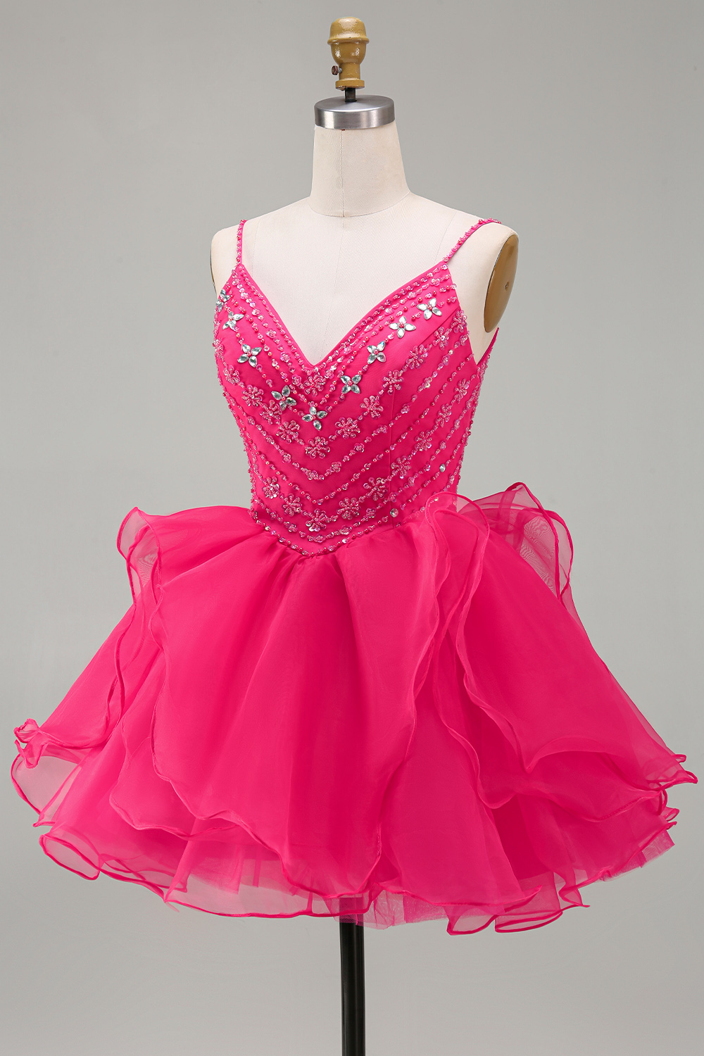 Sparkly Hot Pink Short A Line V-Neck Beaded Homecoming Dress with Ruffles