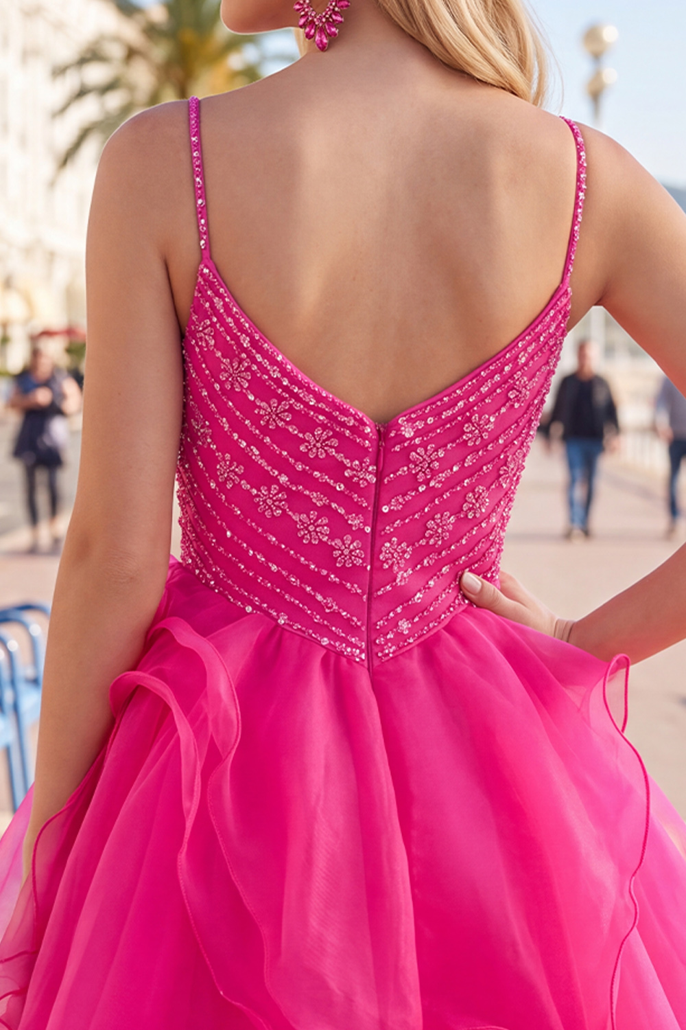 Sparkly Hot Pink Short A Line V-Neck Beaded Homecoming Dress with Ruffles
