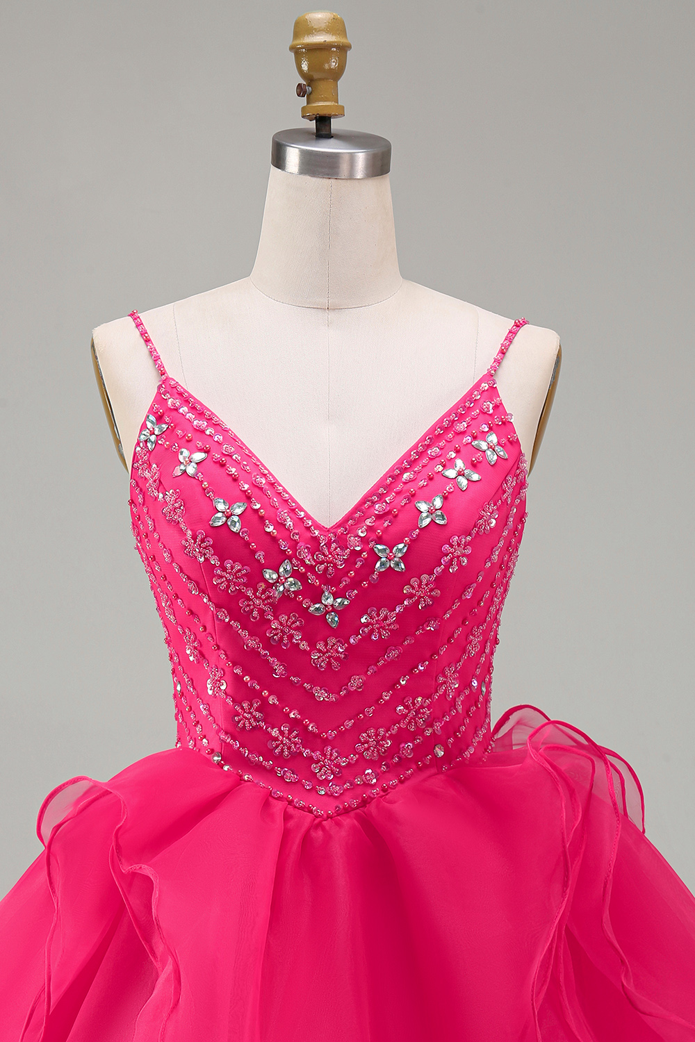 Sparkly Hot Pink Short A Line V-Neck Beaded Homecoming Dress with Ruffles