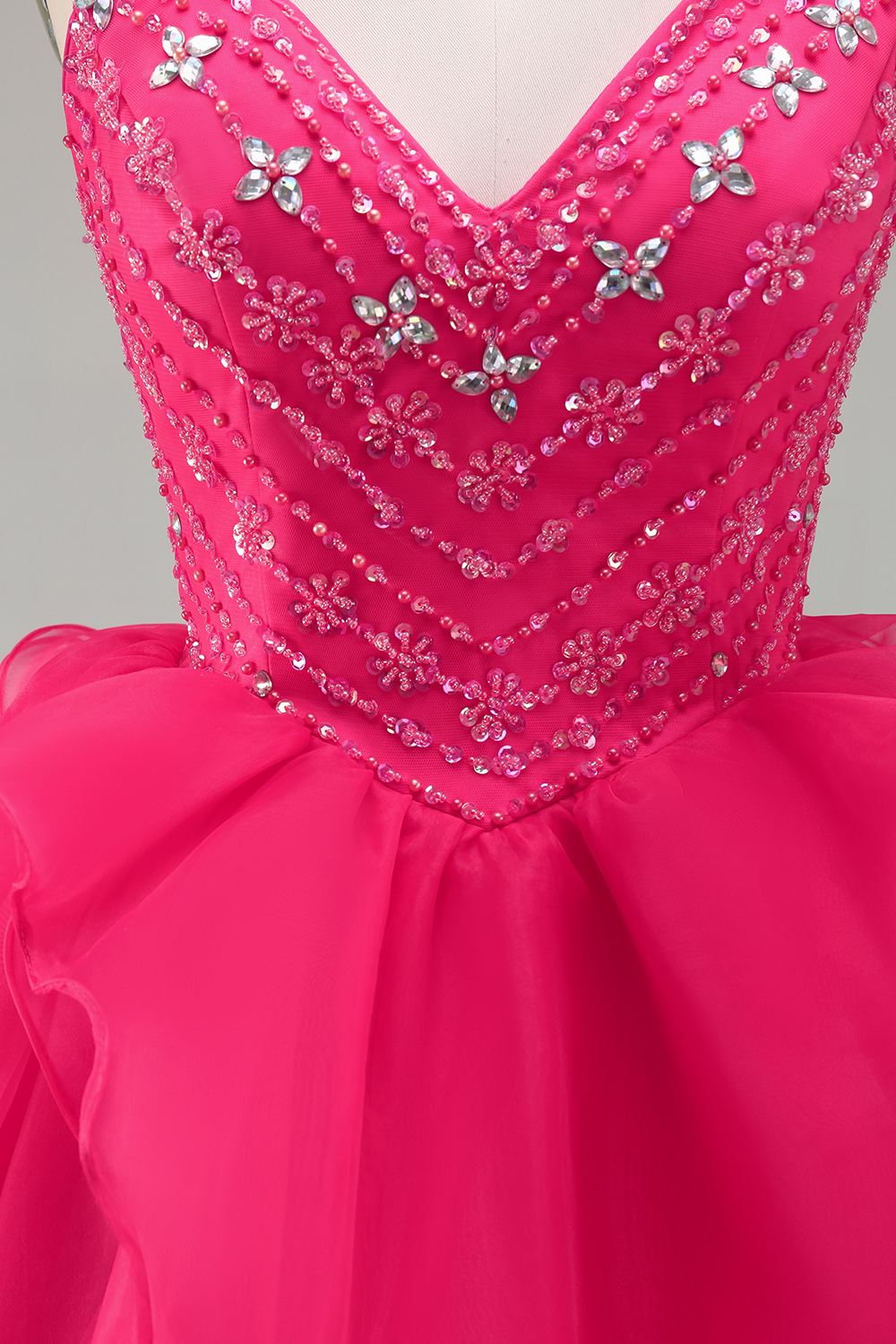 Sparkly Hot Pink Short A Line V-Neck Beaded Homecoming Dress with Ruffles