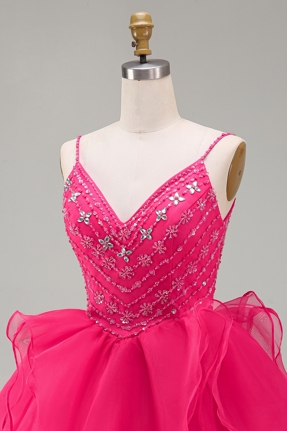 Sparkly Hot Pink Short A Line V-Neck Beaded Homecoming Dress with Ruffles