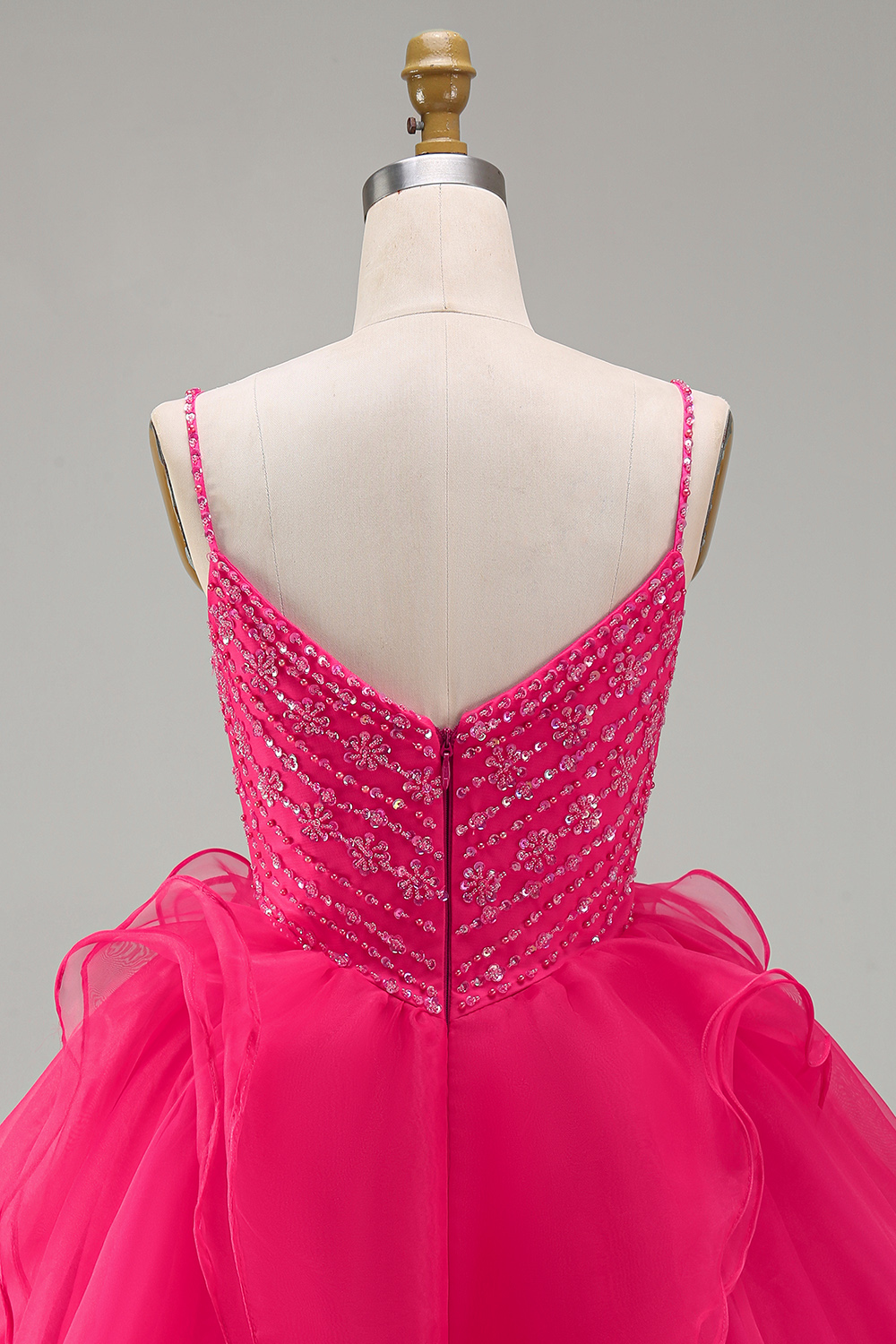 Sparkly Hot Pink Short A Line V-Neck Beaded Homecoming Dress with Ruffles