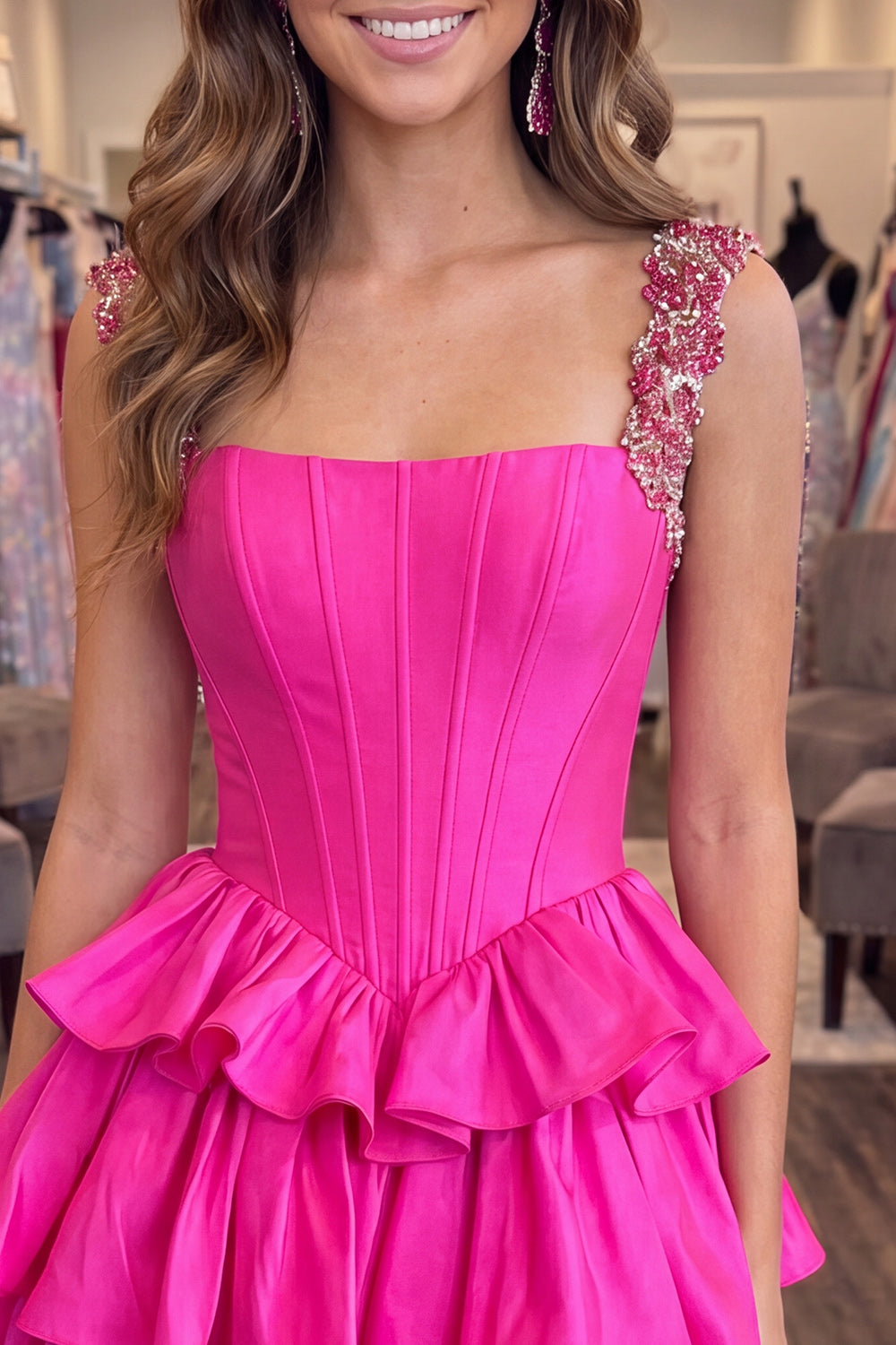 Fuchsia Corset A Line Short Beaded Homecoming Dress with Ruffles