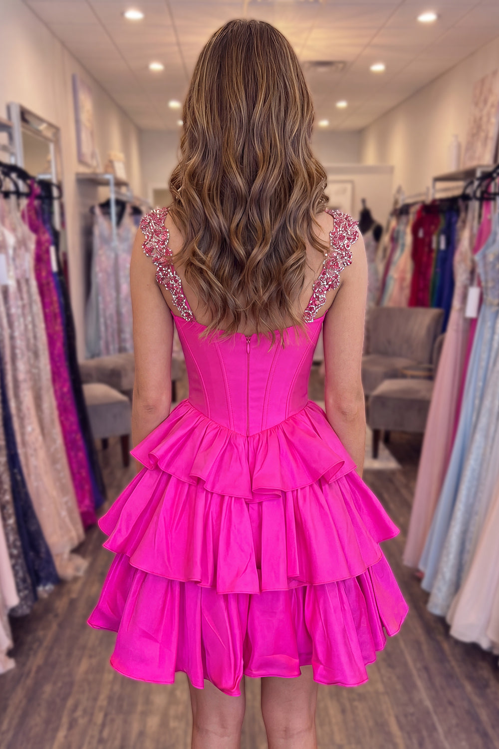 Fuchsia Corset A Line Short Beaded Homecoming Dress with Ruffles