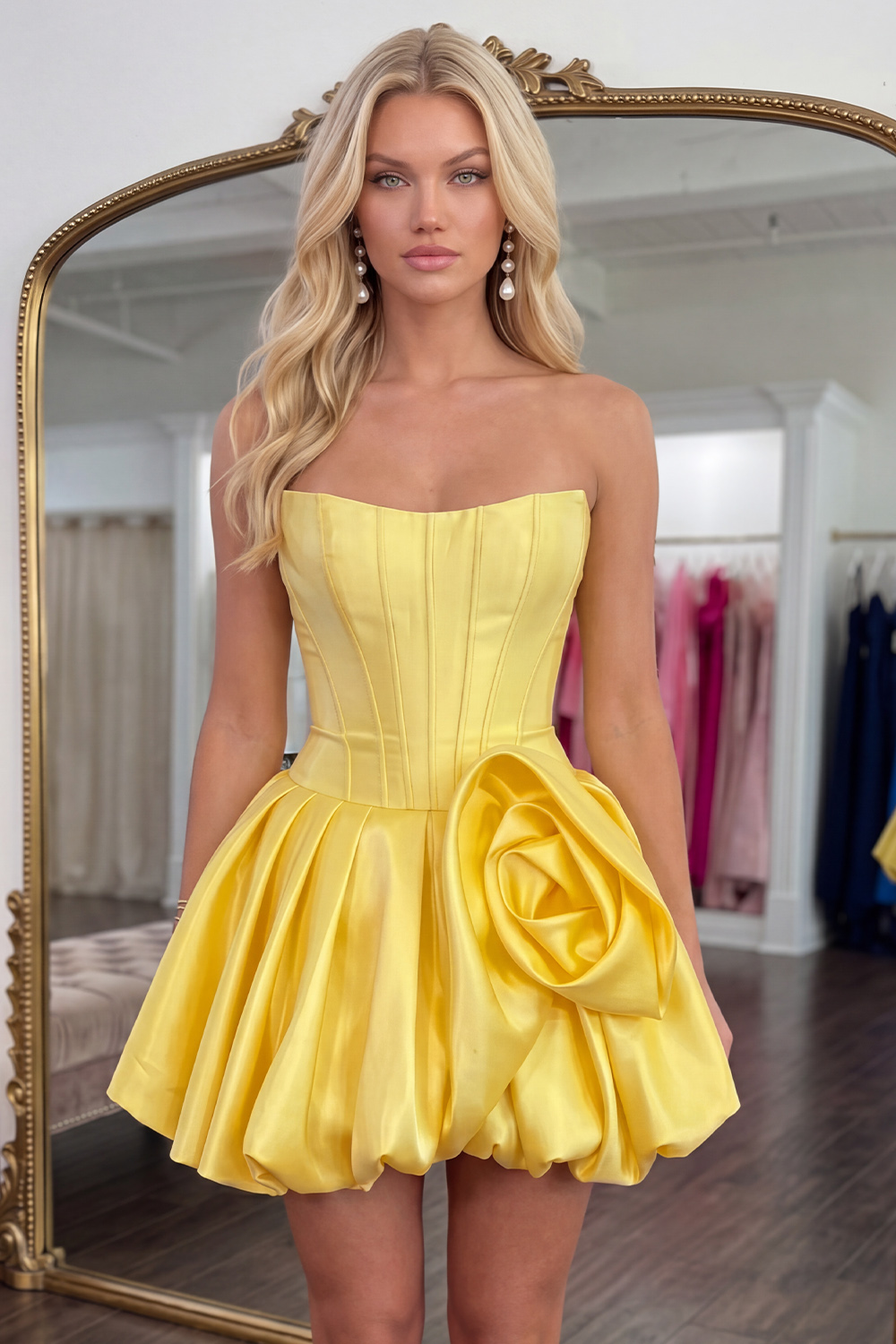 Blue Short A Line Strapless Corset Homecoming Dress with 3D Flower