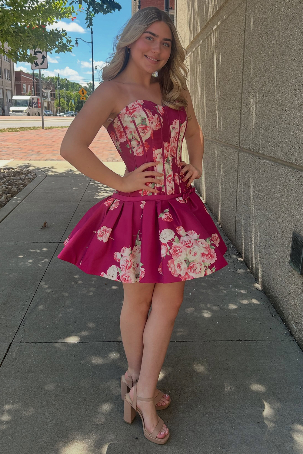 Floral Dark Purple Corset Strapless A Line Short Homecoming Dress