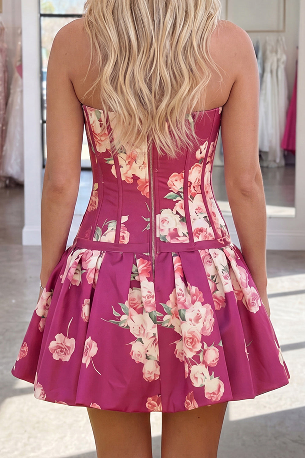 Dark Purple Floral Short Corset A Line Strapless Homecoming Dress