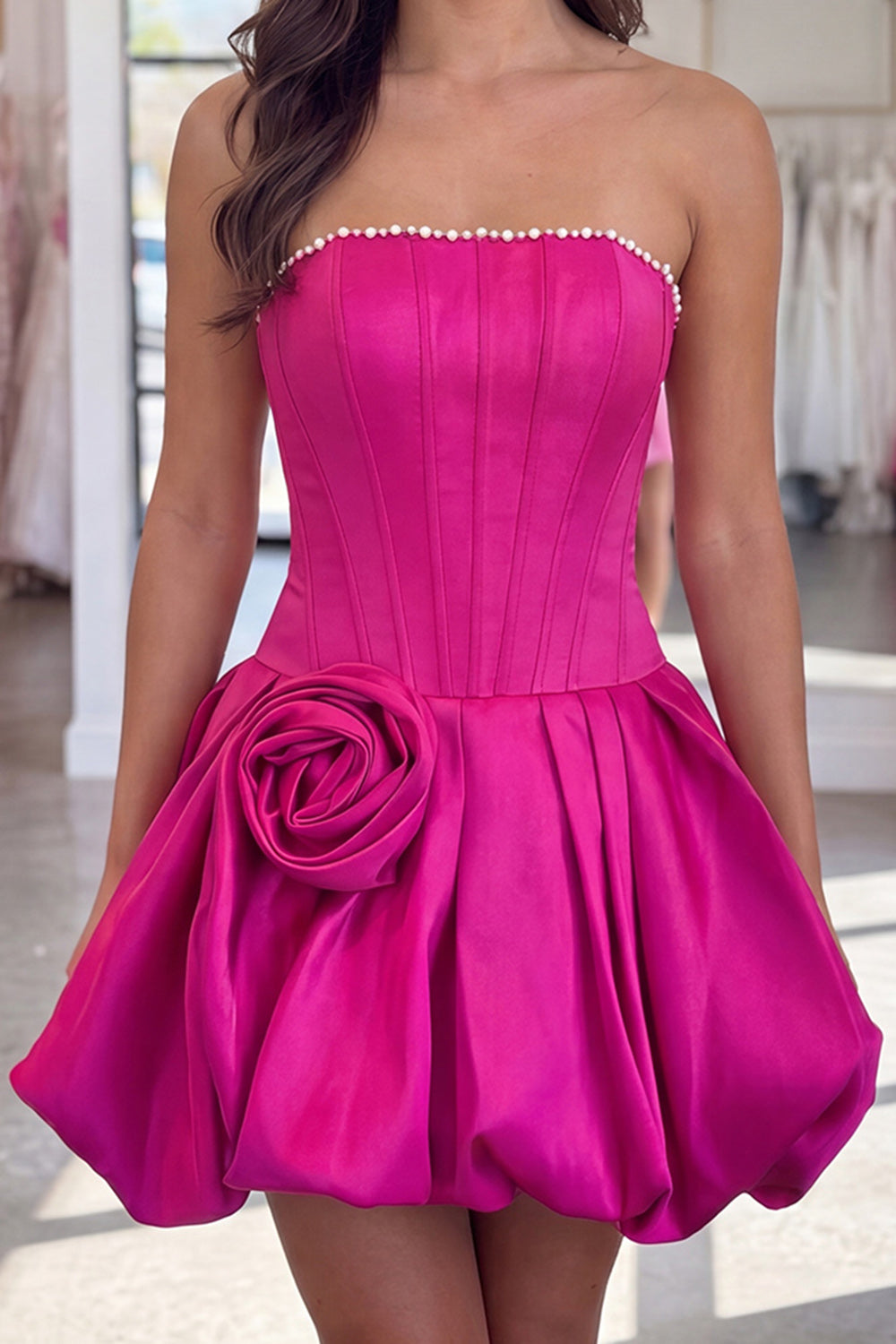 Fuchsia Short A Line Strapless Corset Homecoming Dress with Pearls