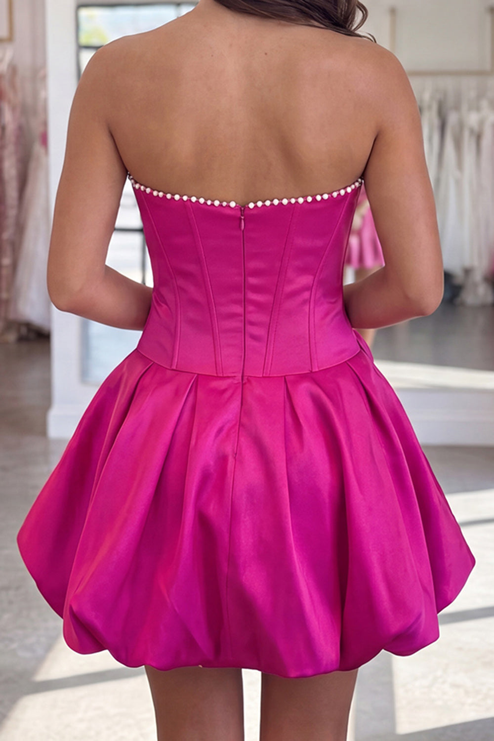 Fuchsia Short A Line Strapless Corset Homecoming Dress with Pearls