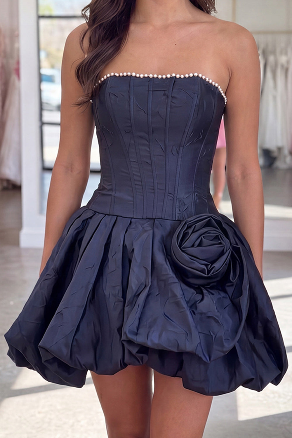 Navy Strapless A Line Beaded Short Corset Homecoming Dress with 3D Flower
