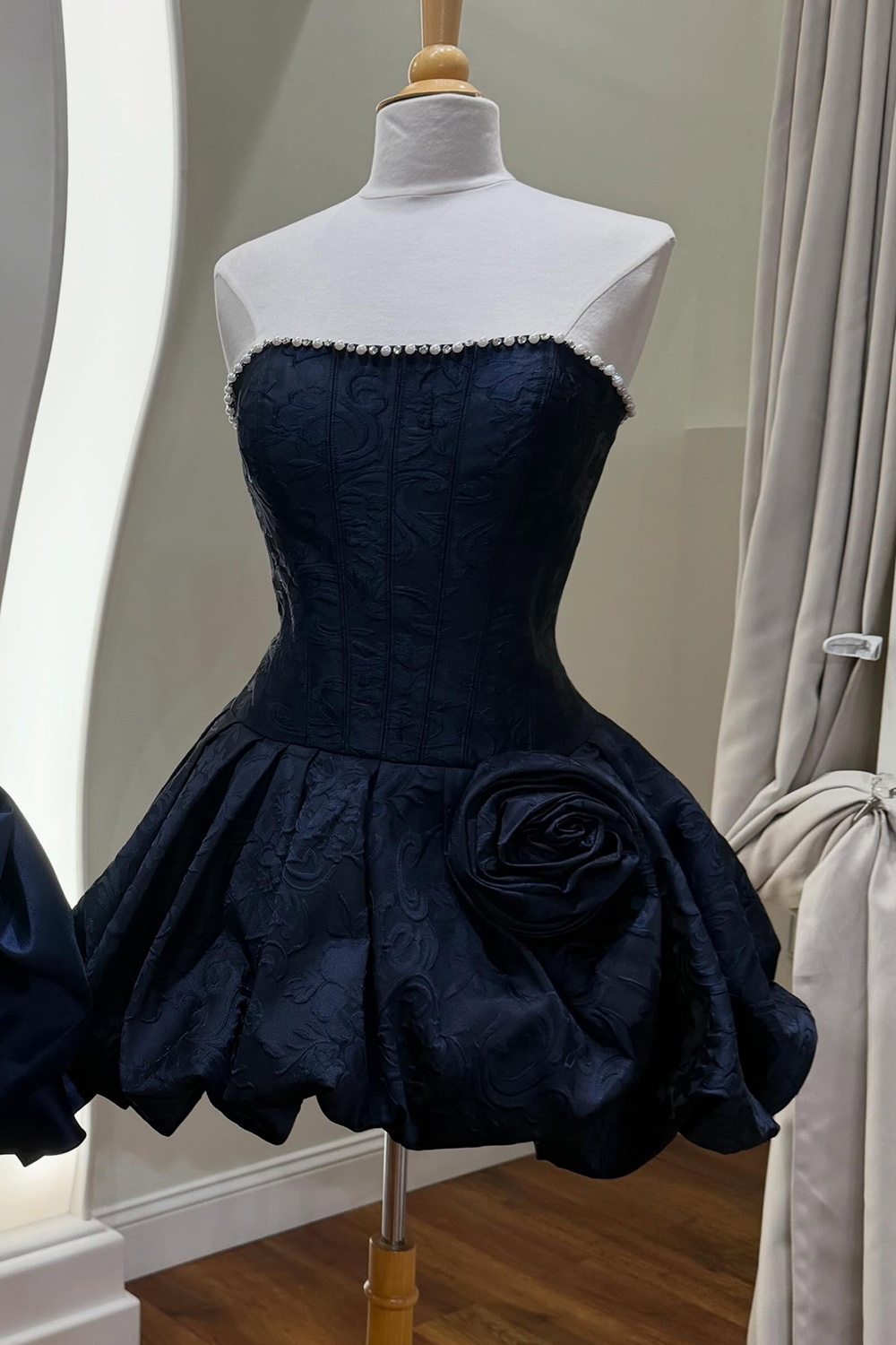 Navy Strapless A Line Beaded Short Corset Homecoming Dress with 3D Flower