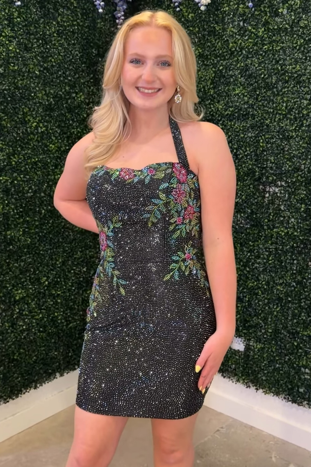 Sparkly Dark Blue Tight Short Floral Beaded Halter Homecoming Dress