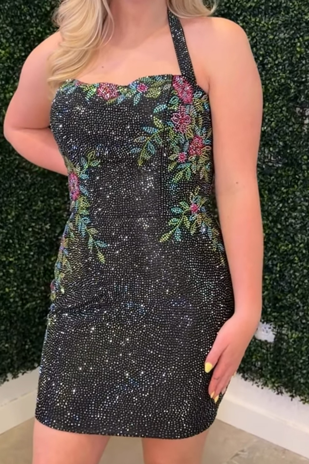 Sparkly Dark Blue Tight Short Floral Beaded Halter Homecoming Dress