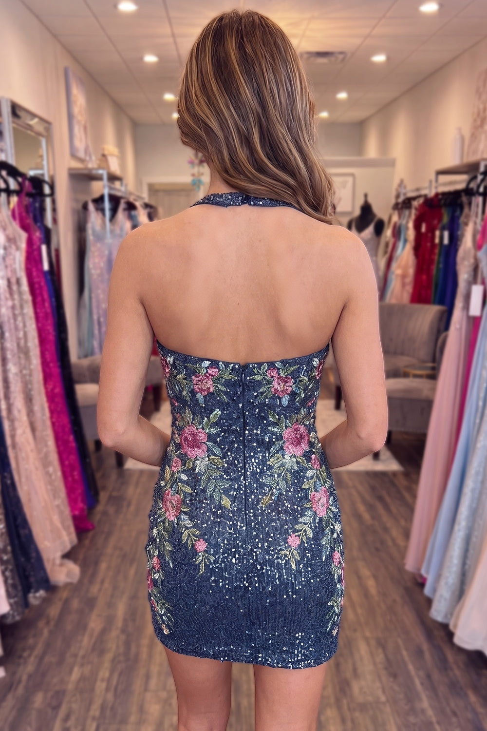 Sparkly Dark Blue Tight Short Floral Beaded Halter Homecoming Dress
