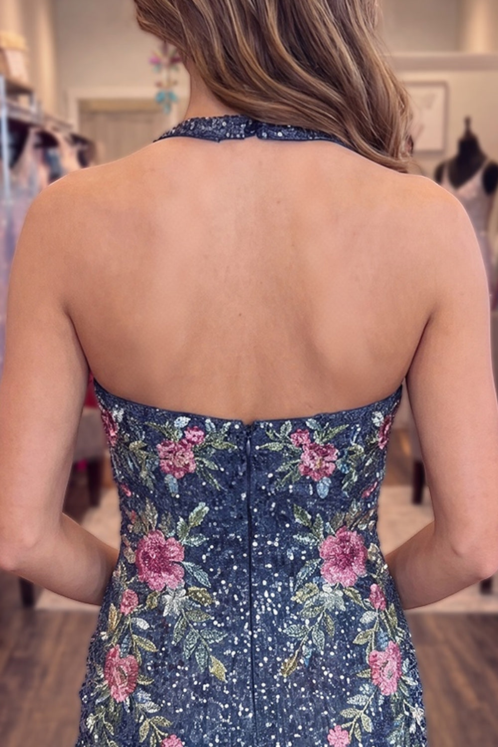 Sparkly Dark Blue Tight Short Floral Beaded Halter Homecoming Dress
