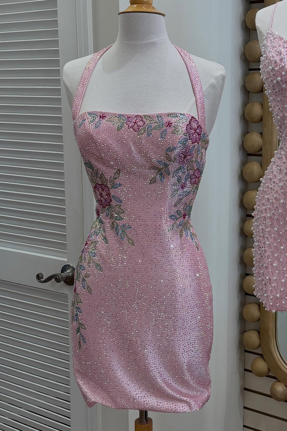 Sparkly Dark Blue Tight Short Floral Beaded Halter Homecoming Dress