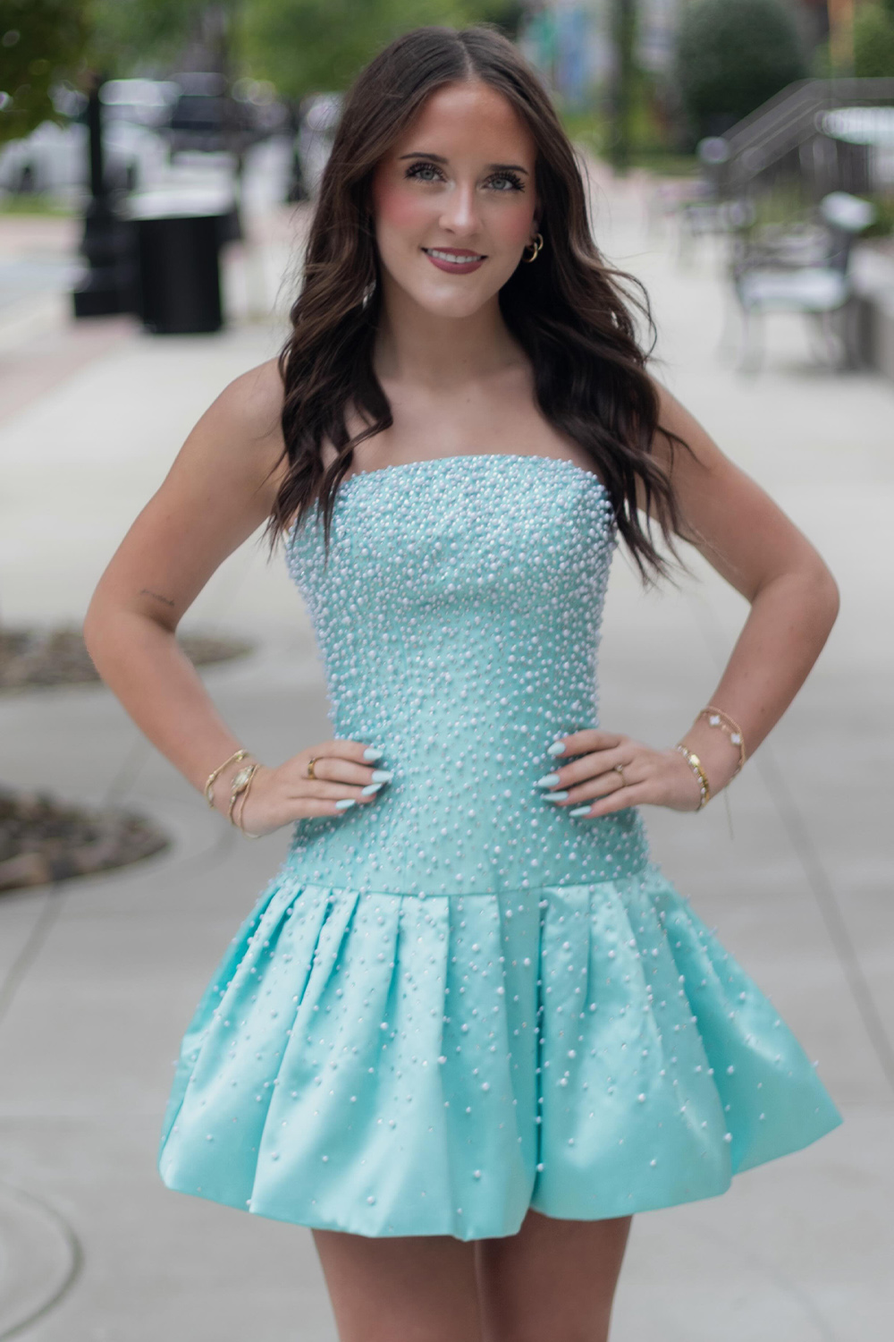 Mint A Line Strapless Short Homecoming Dress with Pearls